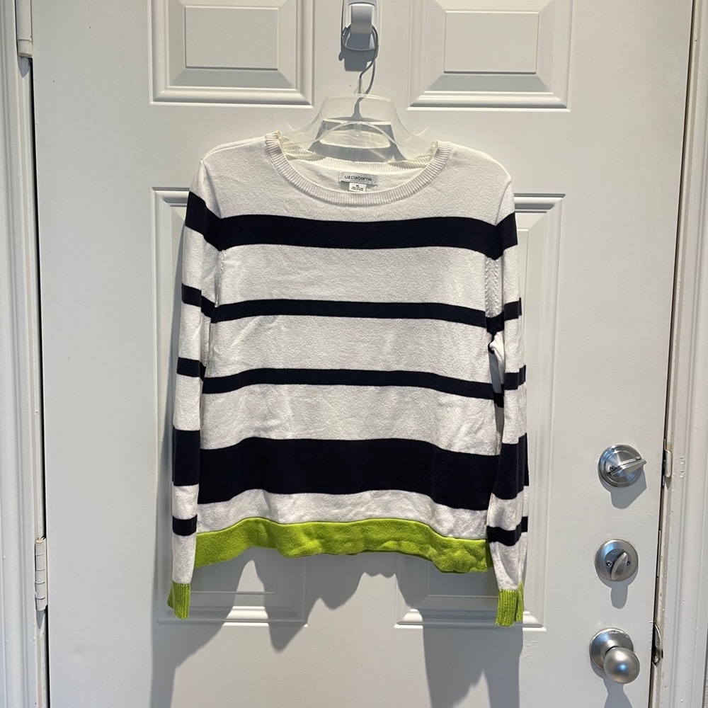 Liz Claiborne Striped White Green Navy Blue Cotton Crewneck Sweater Size XL